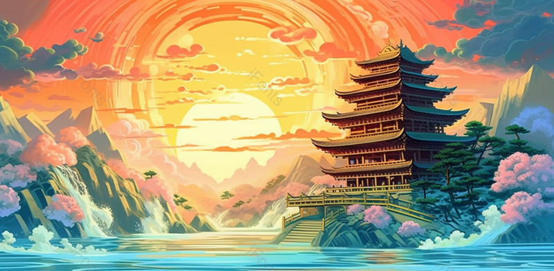 复古庭院夕阳自然风光山水画,插画/手绘图,插画/手绘图库,插画/手绘图下载,插画/手绘